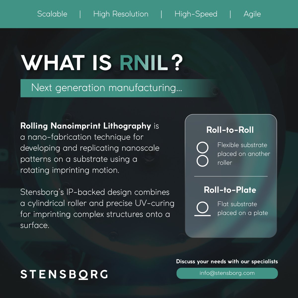 💡 WHAT IS #RNIL?

The science driving next-gen #Nanoimprinting, is a variation of #NanoimprintingLithography techniques where #Nanoscale patterns are transferred through the rotation of a roller.
Speak with our specialists today:  bit.ly/41xPyFB
#RollToRoll #RollToPlate
