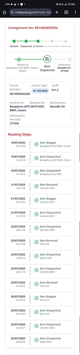 Akv27081993's tweet photo. @IndiaPostOffice #indiapostcomplaint 
My article no is EB145646052IN was booked on 18 july 2025, and it's still is in transit and not delivered yet, I'm still waiting for my consignment. https://t.co/HCYToqiSyP