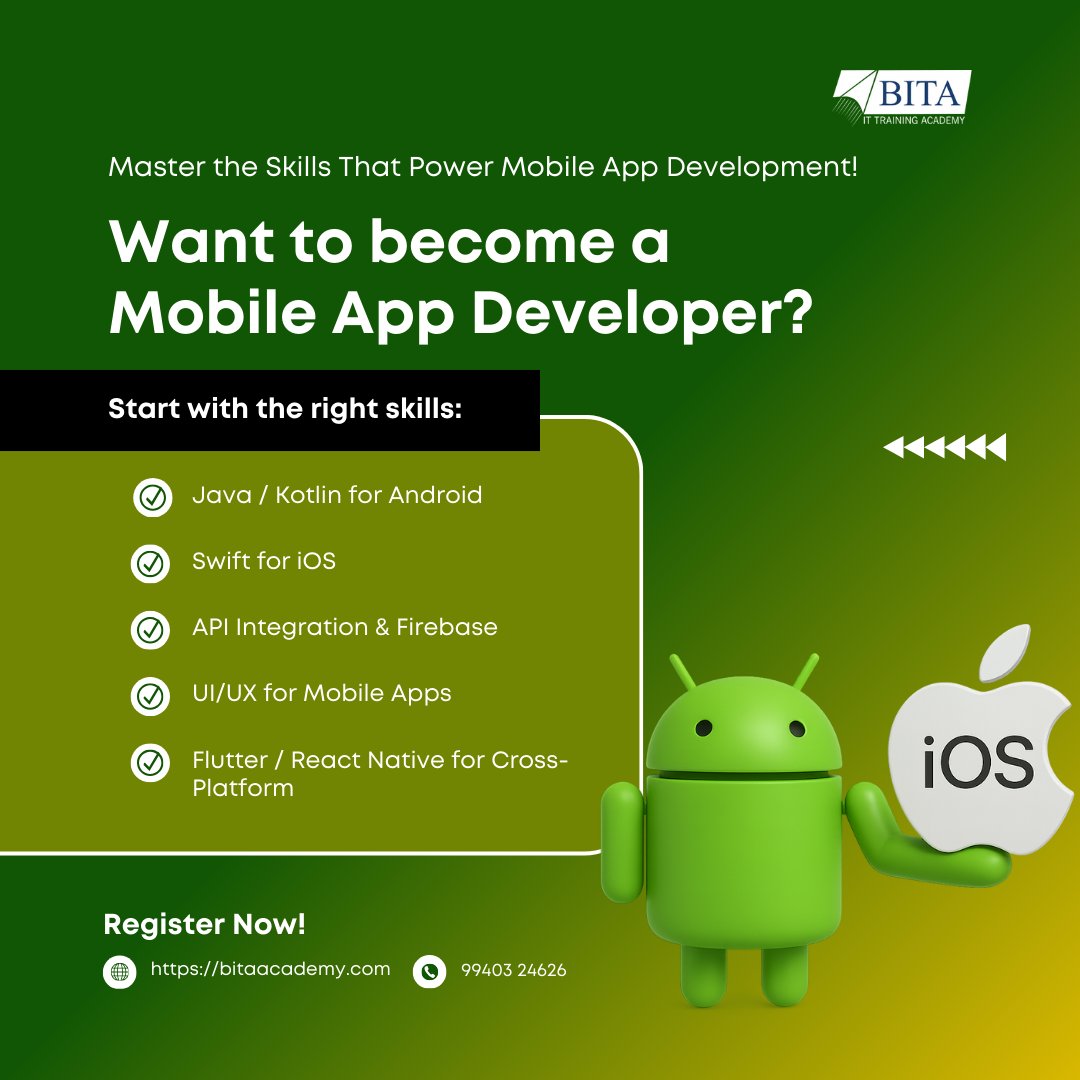 Bitaaacademy's tweet image. ☑ Want to become a Mobile App Developer? Join BITA’s career-focused program and master Android, iOS, and cross-platform frameworks. Enroll now!

📞9566004626

🌐bitaacademy.com/course/android…

#Android #AndroidApps #BITAITTrainingAcademy