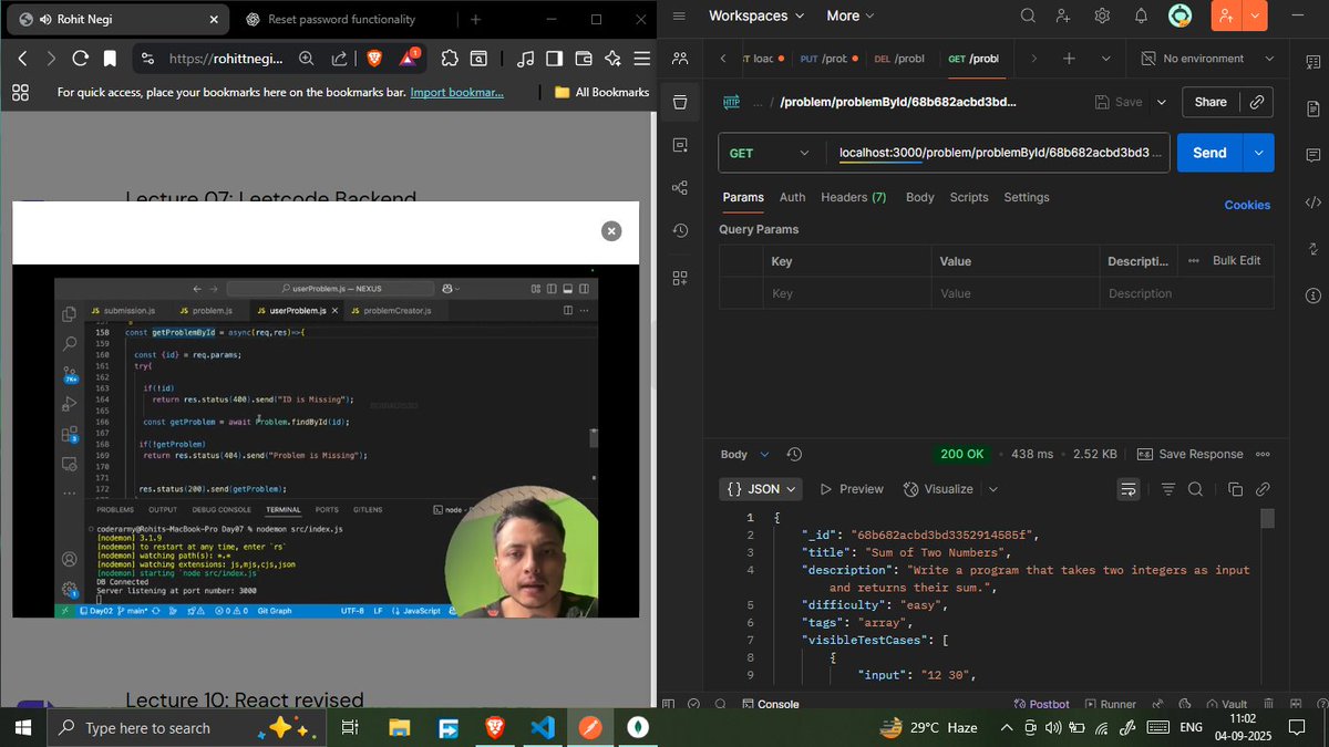 savita_gurjar30's tweet image. Topic: MegaProject: Leetcode

@rohit_negi9
Lecture 07: LeetCode Backend

GitHub Repo: github.com/savigurjar/Lee… 

#LeetCodeProject #DSA #NodeJSBackend #ScalableBackend #APIDevelopment #MegaProjectSeries #CoderArmy #RohitNegiBhaiya