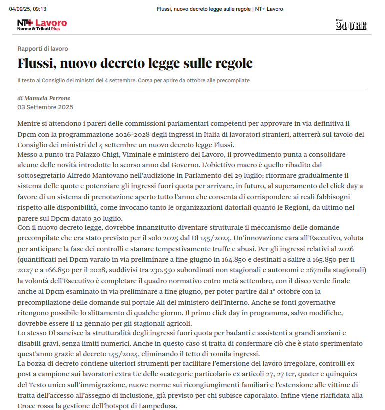 Assindatcolf (@assindatcolf) on Twitter photo #DecretoFlussi: in arrivo importanti novità!
Dal 1° ottobre precompilazione delle domande, anche per #lavoroDomestico, in vista del #clickday del 18 febbraio.
Diventa strutturale la sperimentazione per #over80 e disabili.
Tutti i dettagli nell'articolo del <a href="/sole24ore/">IlSole24ORE</a> #DecretoFlussi: in arrivo importanti novità!
Dal 1° ottobre precompilazione delle domande, anche per #lavoroDomestico, in vista del #clickday del 18 febbraio.
Diventa strutturale la sperimentazione per #over80 e disabili.
Tutti i dettagli nell'articolo del <a href="/sole24ore/">IlSole24ORE</a>