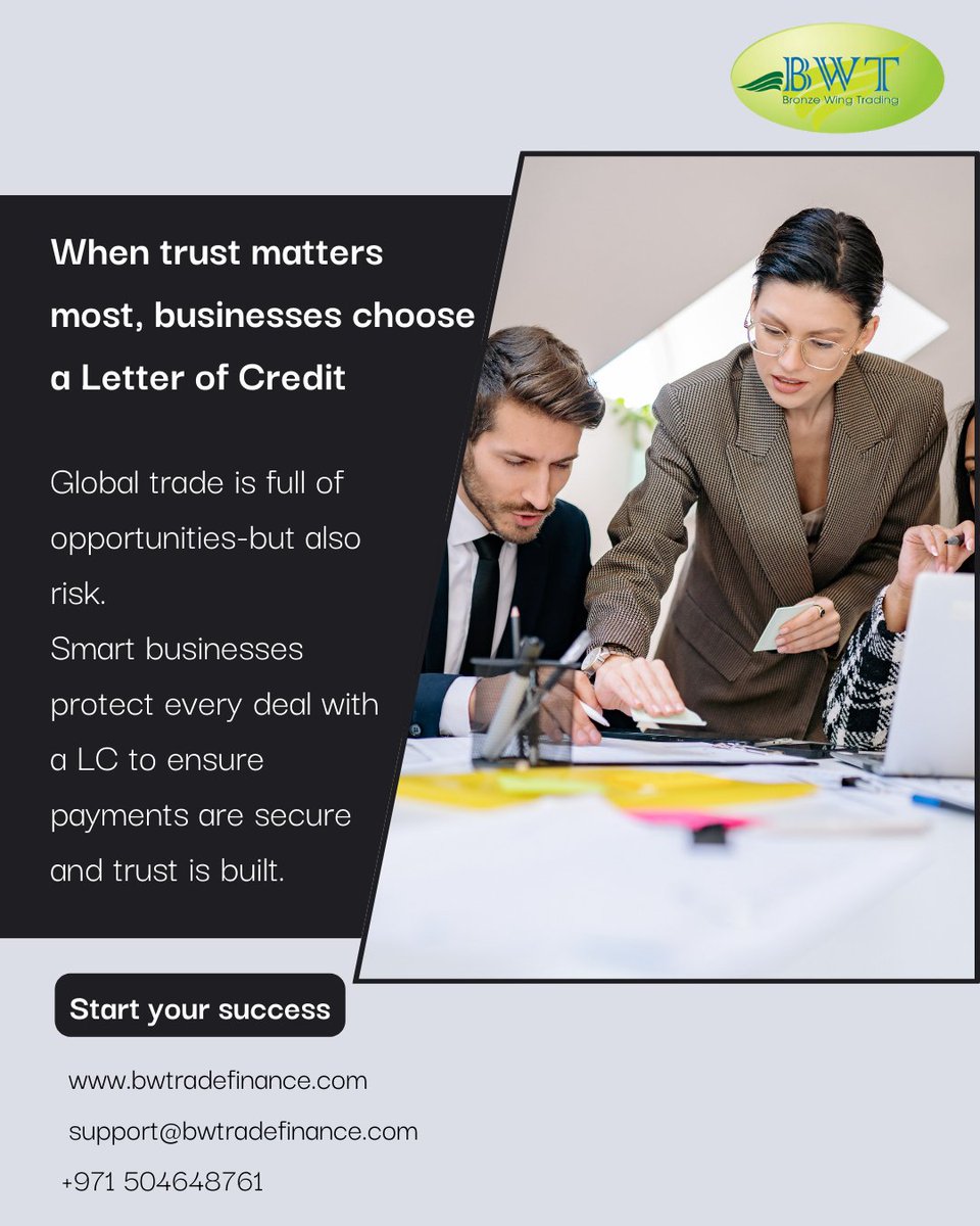 bwtradefinance's tweet photo. With a Letter of Credit, you reduce risk, secure payment, and trade with confidence across borders.

Avail LC from us for your import deals;

Website: https://t.co/aysf4yGHwD 
Email: support@bwtradefinance.com 
Call/WhatsApp/Botim: +971 504648761 https://t.co/YY69ey4vpE