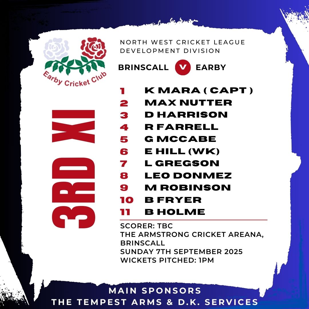 Teams for this weekends fixtures 🏏

Saturday's match ball has been kindly sponsored by Alison Thompson in memory of our very good friend John Thompson 🙏

All support welcome and very much appreciated.

#earbycc #COTE