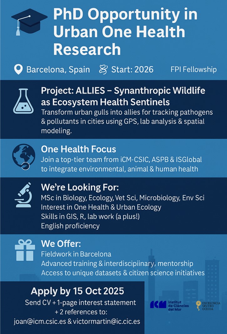 🎓4-year PhD📍 Barcelona
 🔬 Urban, animal ecology, environmental science, and public health! 
 🌍  Interdisciplinary team 
 🎁 GPS tracking + lab + modelling
📅 Deadline for applicants: 15/10/2025
 📩joan@icm.csic.es, victormartin@icm.csic.es
More info: acortar.link/nNqaop