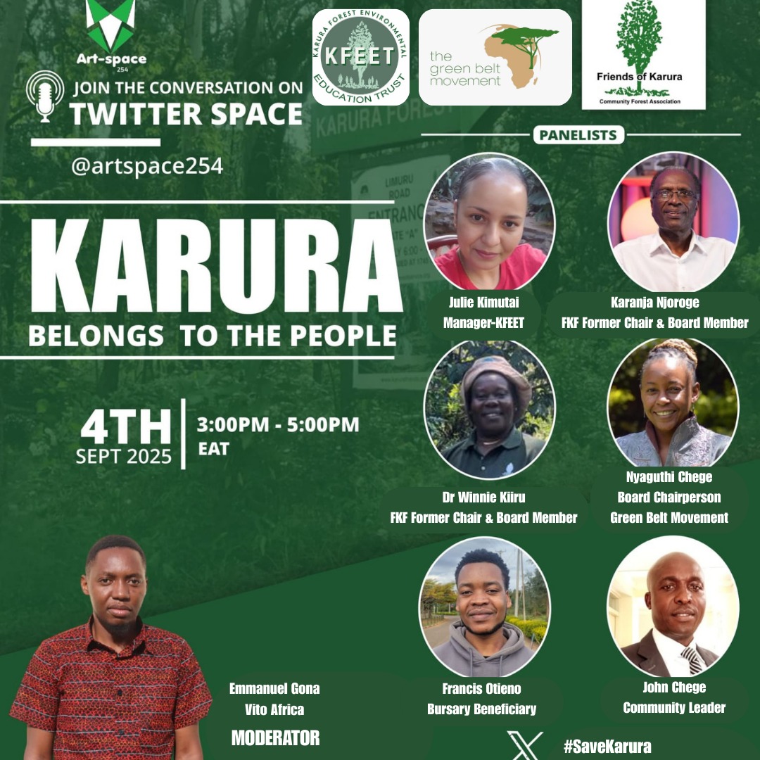 This Twitter Space conversation, hosted by Art-Space254 today at 3pm in collaboration with KFEET, the Green Belt Movement, and Friends of Karura, will bring together diverse voices to affirm that Karura belongs to the people.
x.com/i/spaces/1YqKD…