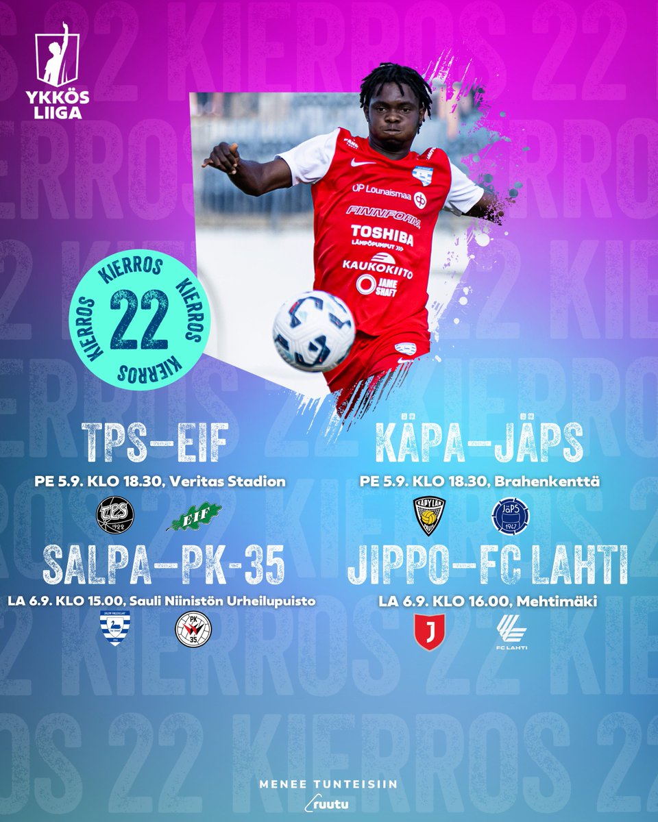 Perjantaina ja lauantaina taas mennään! 🔥

Kierrokselle kuuluva HJK Klubi 04-SJK Akatemia pelataan 24.9. 

#Ykkösliiga #meneetunteisiin