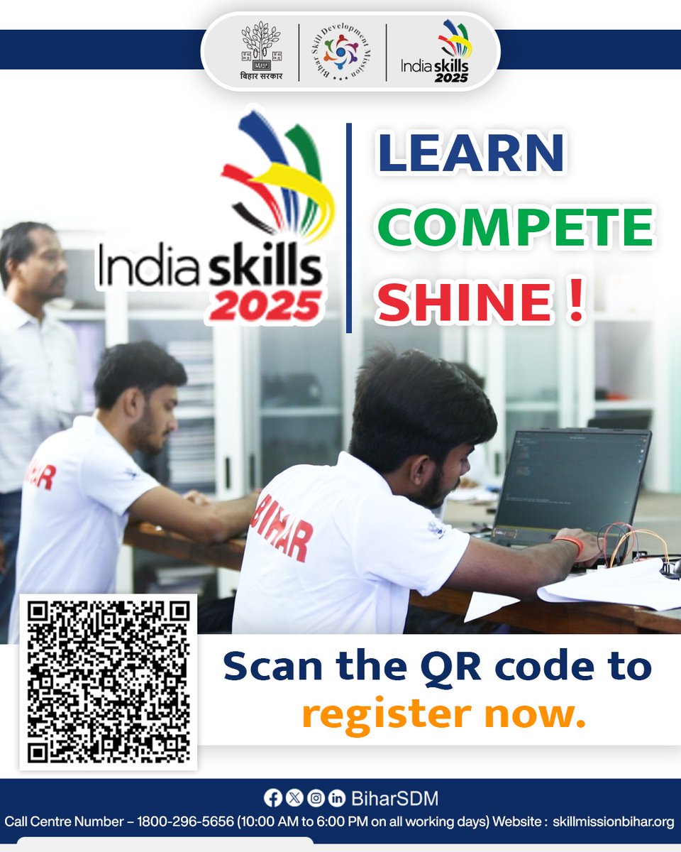 BiharSDM's tweet photo. 🎯 Learn ! Compete ! Shine !
with Indiaskills2025
Don't be Late !
Scan the QR code to register now.
.
.
#IndiaSkills2025 #YouthEmpowerment #SkillForFuture #BanengeBharatKeSkillChampion #DigitalIndia #SkillBihar #BSDM https://t.co/DZwMa9JPlk