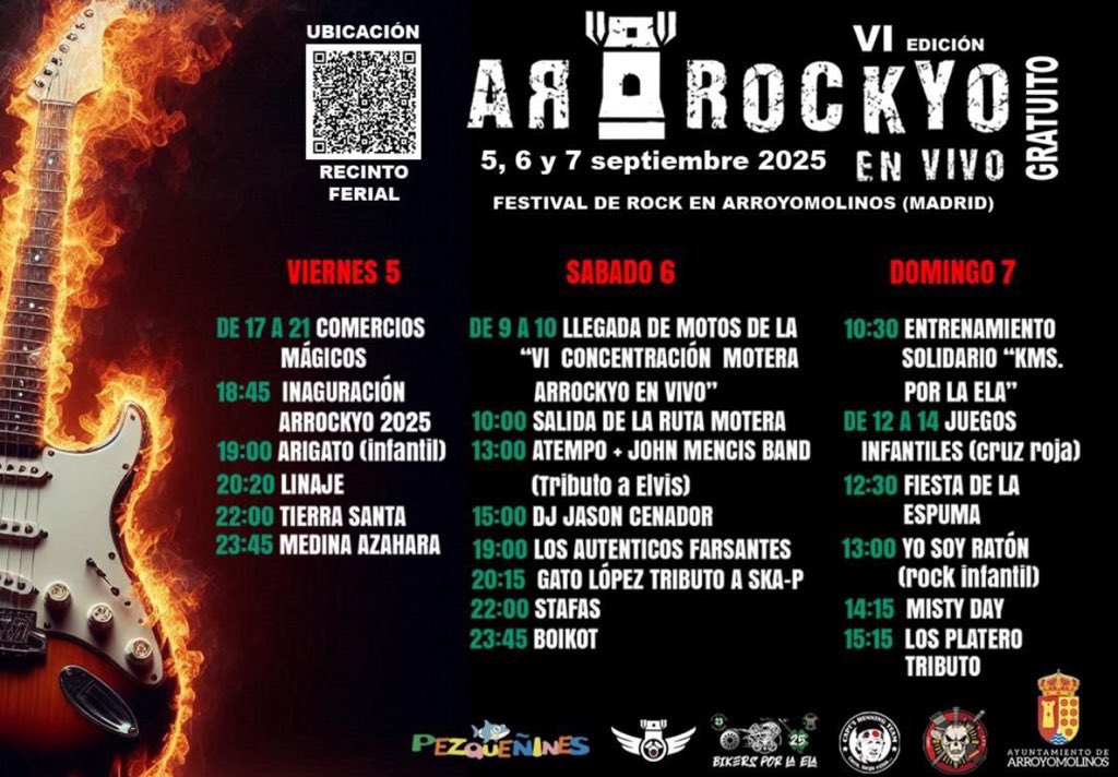🎸🔥 ¡Ya está aquí el festival #Arrockyo2025!

👏🏽 Un encuentro donde la solidaridad, la música, el comercio local y el deporte se unen. 

🎶 No te pierdas a Medina Azahara, Tierra Santa, Boikot, Stafas y más.

✨ 📅 5, 6 y 7 septiembre, en el Recinto Ferial. Entrada gratuita.