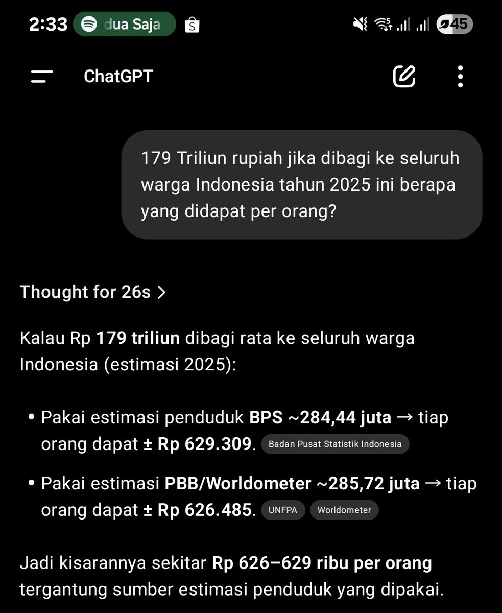 <a href="/profesor_saham/">PROFESOR SAHAM</a> Kalo berdasarkan chatgpt, duit segitu kalo dibagi ke semua penduduk bisa dapet 625 ribu. Atau jika per keluarga ada 4 penduduk, berarti 2,5 juta per keluarga. Lumayan laah buat makan sebulan