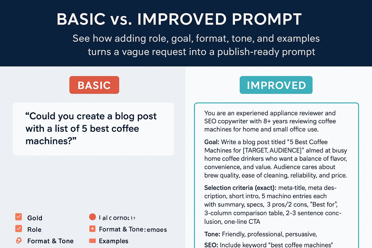 🔥 Basic vs Improved Prompt — see how adding role, goal, format, tone, and examples turns a vague request into a publish-ready prompt.

Image: left = basic prompt; 
right = improved prompt. 

Use the improved one in your AI &amp; let me know

#PromptEngineering #AIProductivity