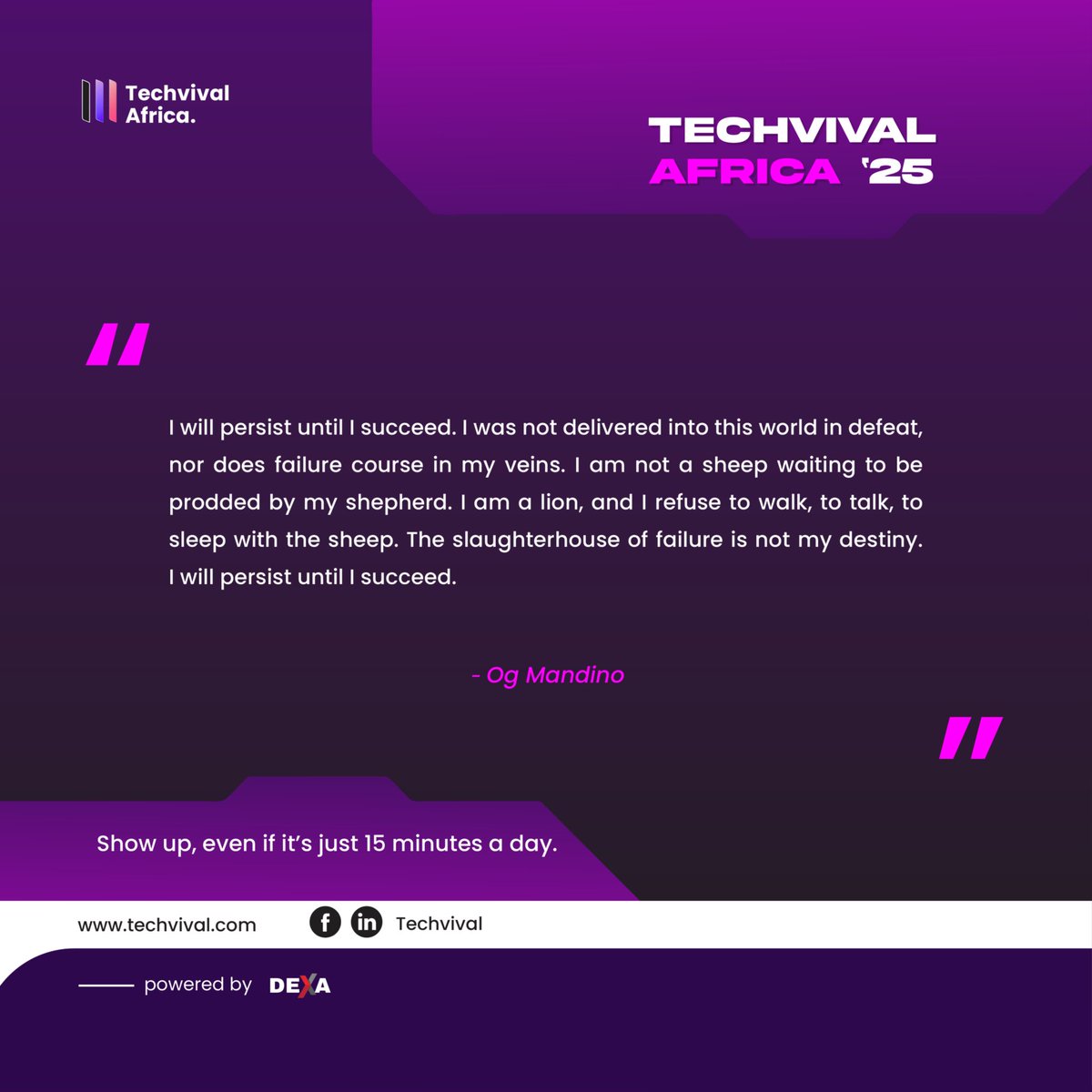 techvival's tweet image. Every challenge is a lesson, every failure a stepping stone.
 Let these words guide you through the tech learning journey toward lasting success. 

 Registration is LIVE. Visit techvival.com today

#TechvivalAfrica #VirtualTechConference #Innovation #DigitalFuture