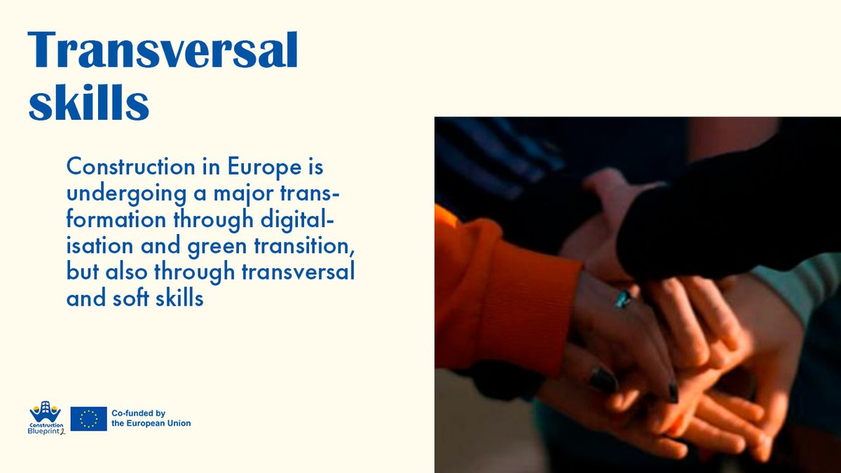 EUConstruction's tweet image. ✨ Day 4 | #ConstructionBlueprint2
Today: Transversal Skills 🏗️💡
 👉 EU programs @EntreCompEurope &amp;amp; #LifeComp boost leadership, creativity, project management &amp;amp; client orientation, strengthening competitiveness and resilience.
#TransversalSkills #Leadership #Innovation
