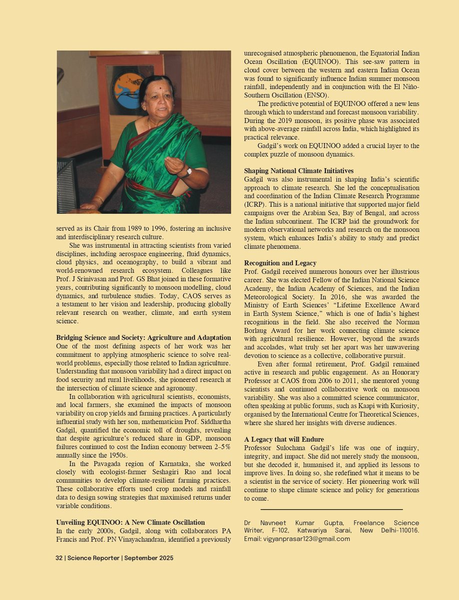 NavneetKumarGu8's tweet image. Obituary 
Professor Sulochana Gadgil (1944-2025)
A Trailblazer in Monsoon Science and Climate Resilience
Published in #ScienceReporter @CSIR_NIScPR @iiscbangalore @iitmpune @IMDWeather