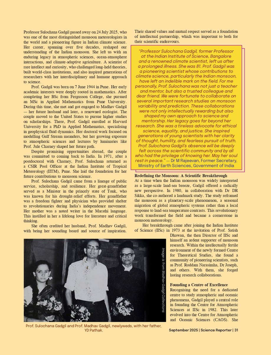 NavneetKumarGu8's tweet image. Obituary 
Professor Sulochana Gadgil (1944-2025)
A Trailblazer in Monsoon Science and Climate Resilience
Published in #ScienceReporter @CSIR_NIScPR @iiscbangalore @iitmpune @IMDWeather