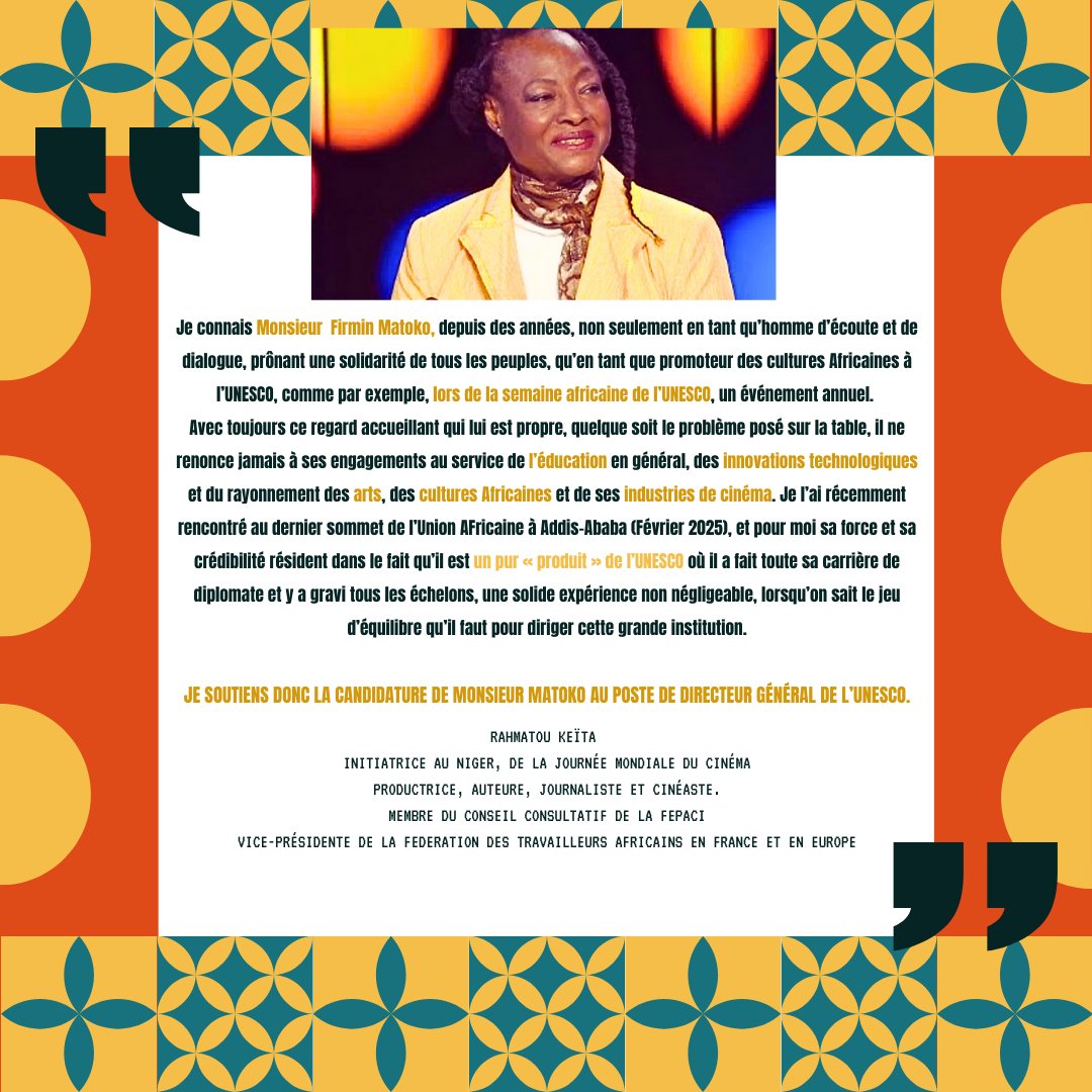 ed_matoko's tweet photo. "Je connais Monsieur Firmin Edouard MATOKO, depuis des années, non seulement en tant qu’homme d’écoute et de dialogue, prônant une solidarité de tous les peuples, qu’en tant que promoteur des cultures"....
Rahmatou KEÏTA
#FirminEdouardMatoko #DirecteurGeneral #UNESCO2025 #rahmatoukeita #culture #education #innovation #women #patrimoine #science #arts #children