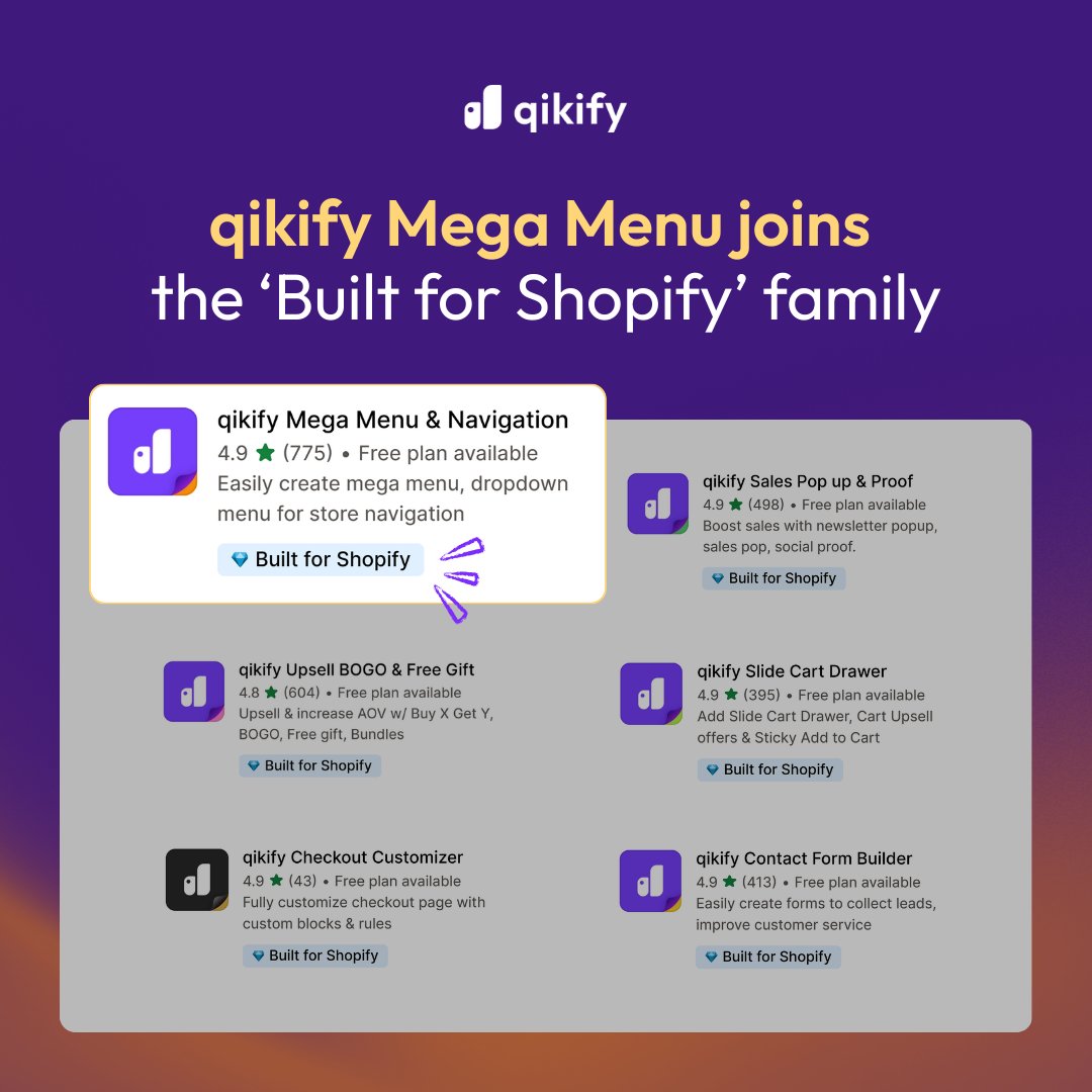Qikify Mega Menu has officially earned the 'Built for <a href="/Shopify/">Shopify</a>' badge 🎉

With this milestone, all Qikify Origin and Qikif Design apps are now 'Built for Shopify' - a testament to our commitment to top performance, security, and merchant experience.