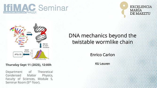 📢Seminar 11 September at 12h, Faculty of Science, Seminar Room Module 5 <a href="/CienciasUAM/">Facultad de Ciencias</a> 
Enrico Carlon <a href="/KU_Leuven/">KU Leuven</a> will talk about DNA mechanics beyond the twistable wormlike chain. See you there!
ifimac.uam.es/ifimac-seminar…