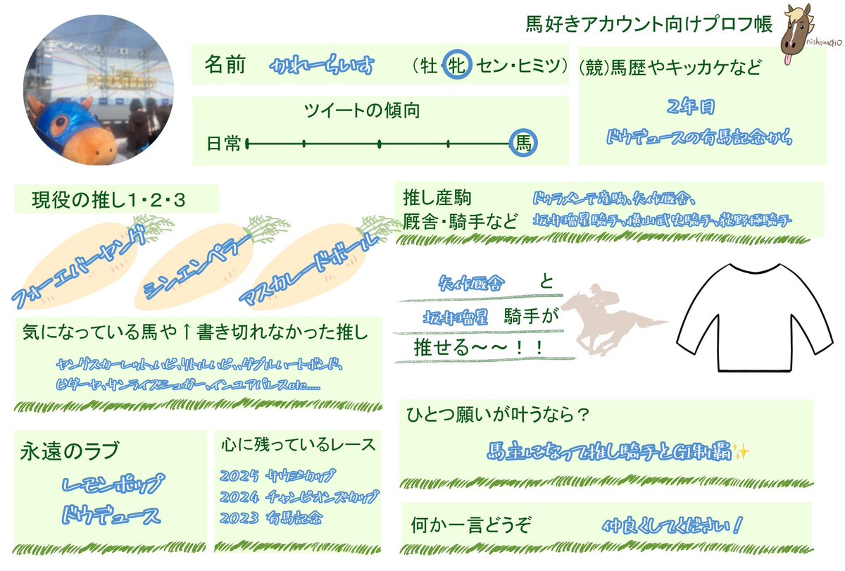x_mlnmr's tweet image. 秋競馬始まるので更新です🍁🍂
競馬初心者です🔰
仲良くしてくれると嬉しいです✨
❤️or♻️で気になる方お迎えいきます🫧
 #馬好きアカウント向けプロフ帳 
 #競馬好きと繋がりたい 
 #競馬好きな人と繋がりたい