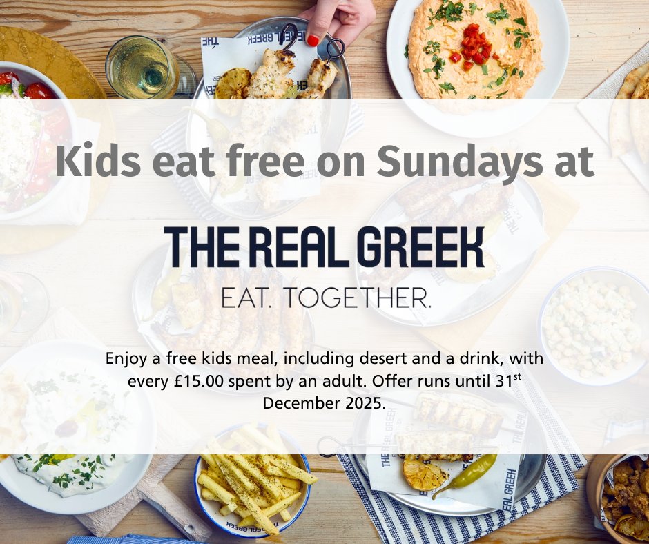 Every Sunday, The Real Greek are serving up a family deal you won’t want to miss. Spend £15 or more on an adult meal and your little ones (under 12) can eat for free – that’s a meal from the kids’ menu, plus a drink and dessert included.

📍 Unit UG1, BH2 Leisure, BH2 5DD