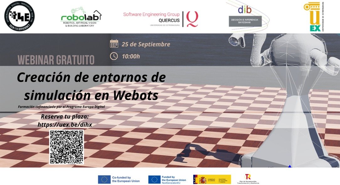 RoboLab_UEx's tweet image. 🚀 Webinar gratuito
Creación de entornos de simulación en Webots
📅 25 de septiembre
⏰ 10:00 h
🔗 Inscripción: uex.be/dihx
Formación cofinanciada por el Programa Europa Digital.
#Tech4Efficiency #EDIH #UEx #Robolab #FormaciónDigital #Webots