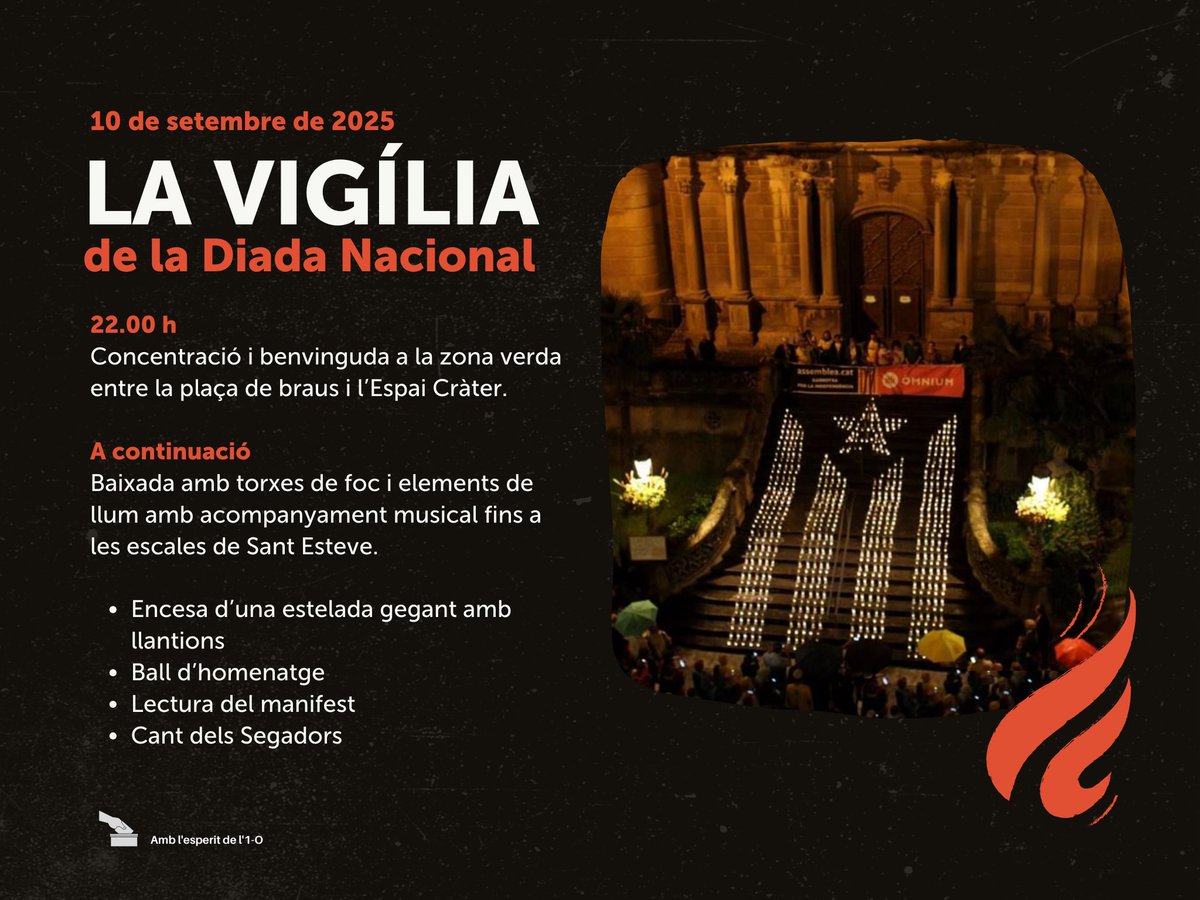 Vine a la vigília de la Diada a #Olot! 
🗓 10 de setembre - 22.00 h

🔥Concentració i baixada amb torxes i llum fins a Sant Esteve. Encesa d’una estelada gegant amb llantions, ball d’homenatge, lectura del manifest i Cant dels Segadors!