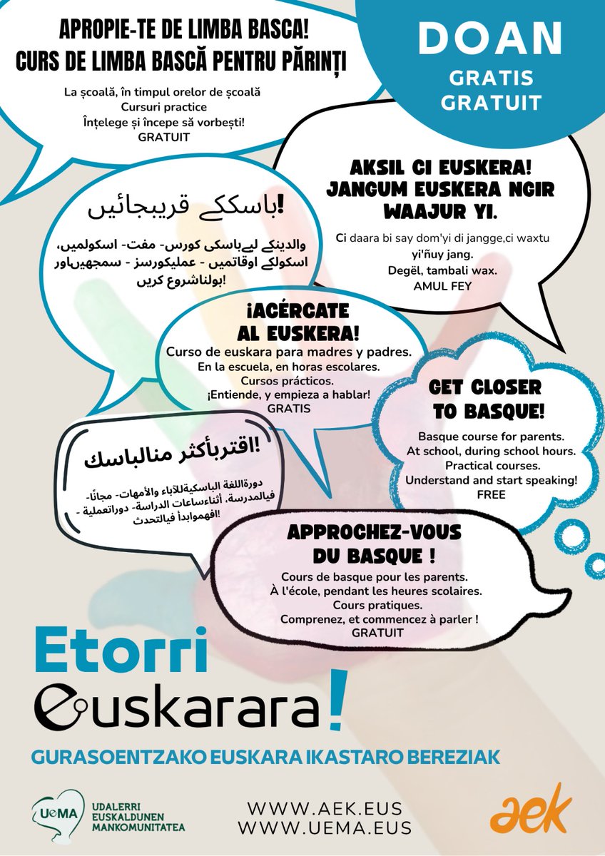 👌Etorri euskarara eta #EuskarazEroso ikasi eta bizi! 
🗨️Euskaraz ez dakiten gurasoentzako euskara ikastaro praktikoak
🔗labur.eus/etorri_euskara…
🤝UEMArekin elkarlanean
ℹ️<a href="/uema_eus/">UEMA</a>