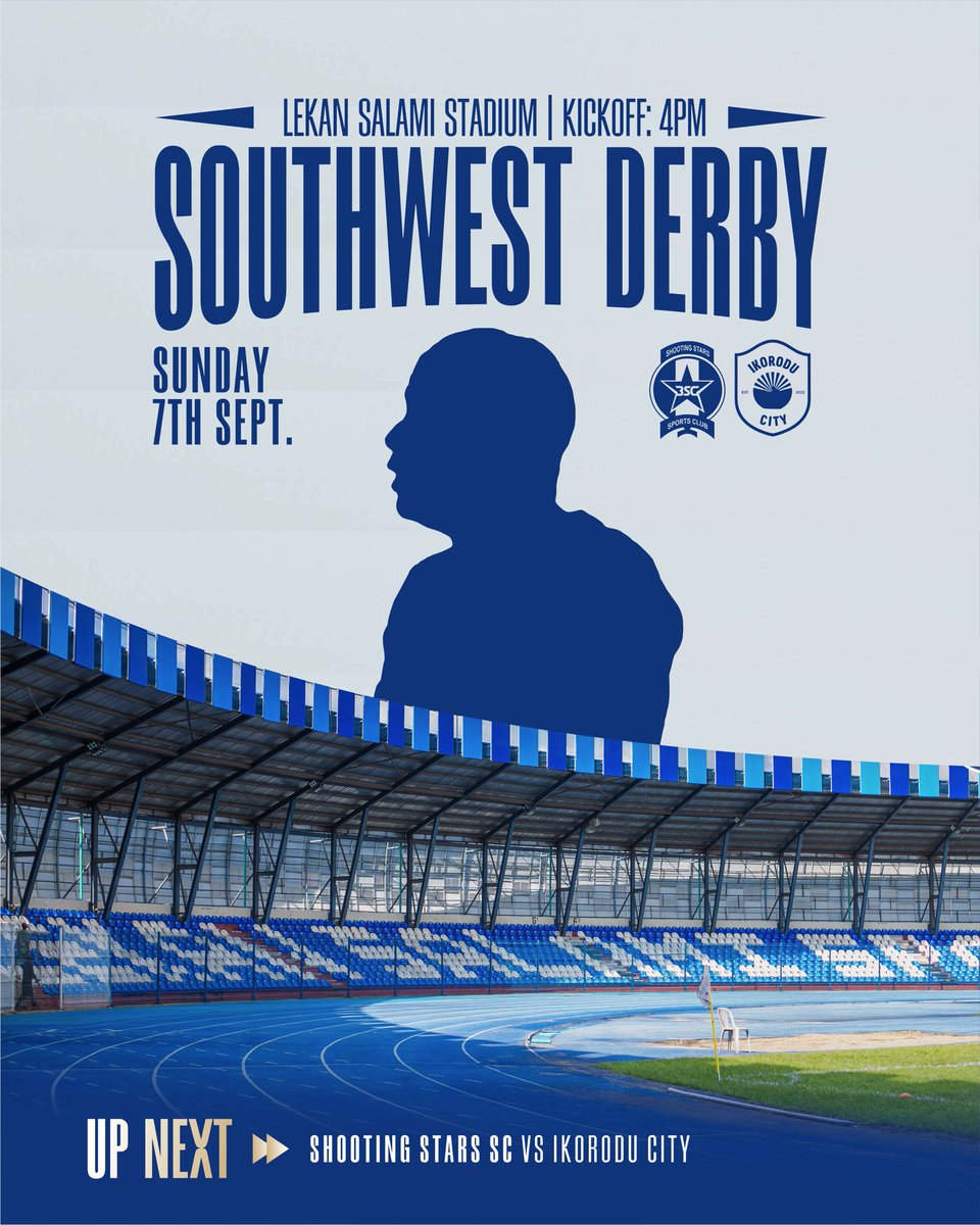 SOUTHWEST DERBY 🔵⚽

This Sunday, Sept 7th 

Lekan Salami Stadium.

📍 Shooting Stars SC 🆚 Ikorodu City

⏰ 4PM

A derby day in Ibadan, let’s fill the stands and cheer our Warriors on! 💙

#3SC | #UpShooting | #NPFL26