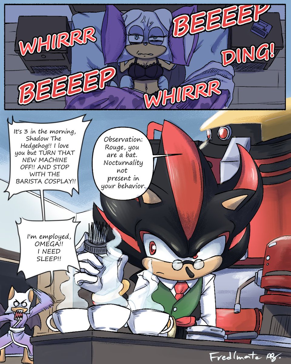 Shadow just really love his coffee machine huh? Comic by me.
❤️&amp; 🔁 are appreciated!
Follow for more!!
#ShadowTheHedgehog #RougeTheBat #Shadouge #TeamDark #sonicfanart