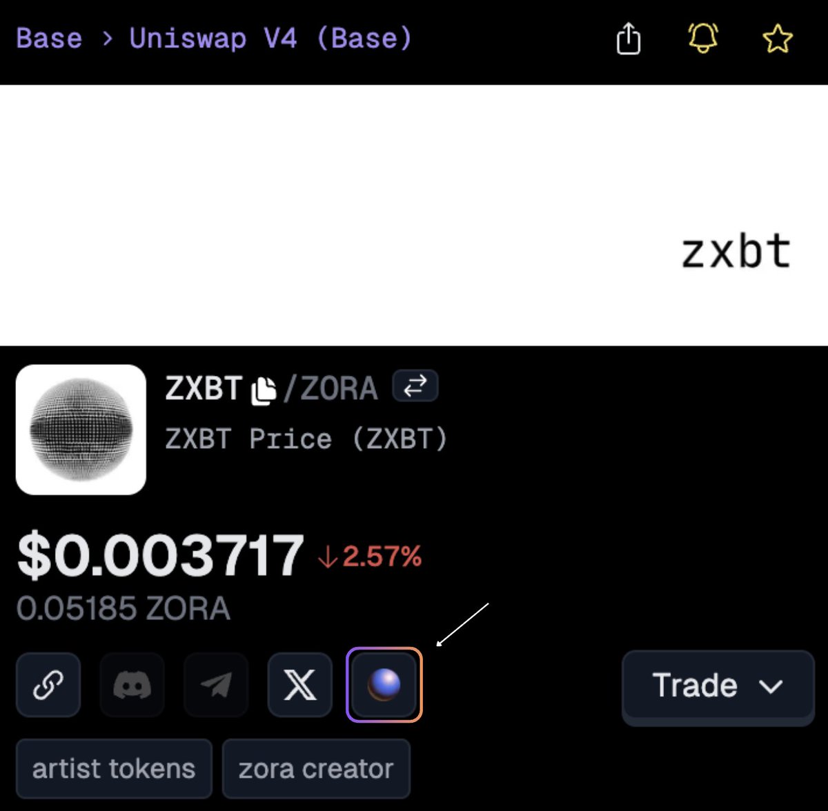 GeckoTerminal의 Zora 통합 예시 — Zora 로고가 표시된 ZXBT 토큰
