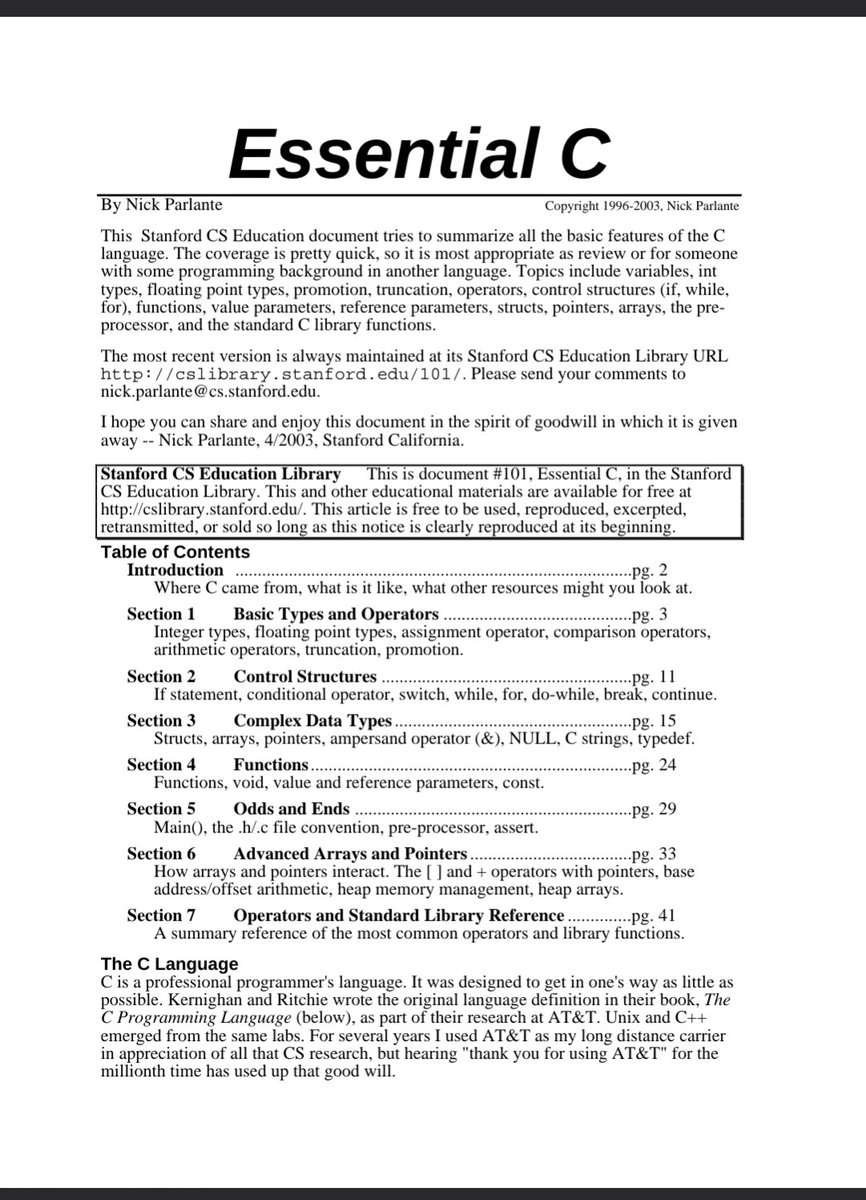 Aadriksh's tweet image. BEST hidden gems for C developers:
“Essential C” by Nick Parlante

💡 Just ~48 pages.
💡 100% free.
💡 Explains C better than most textbooks.

Criminally underrated. If you code in C, read this.