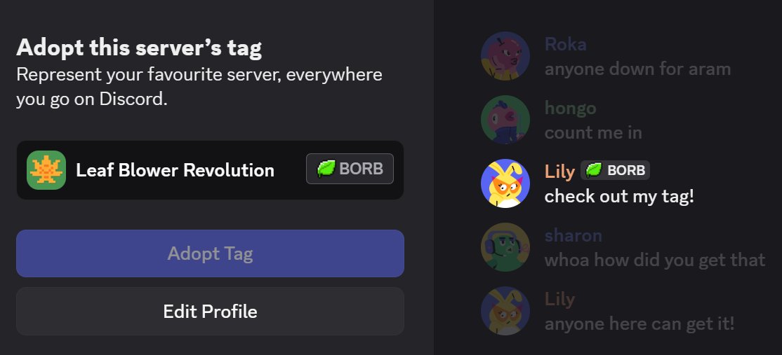 I don't think there's any better server tag than BORB.

Adopt BORB now: discord.gg/leaf-blower-re…