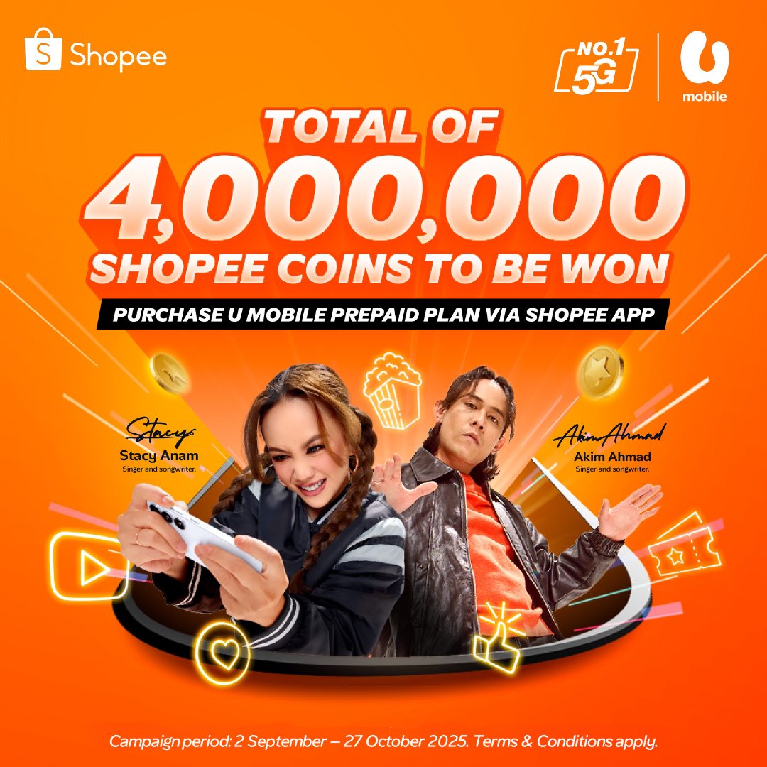 Don’t scroll past this 📷 WIN up to 500 Shopee Coins when you purchase any U Mobile Prepaid plan RM30 &amp; above via Shopee/ShopeePay. Unlock more rewards on the MyUMobile App!