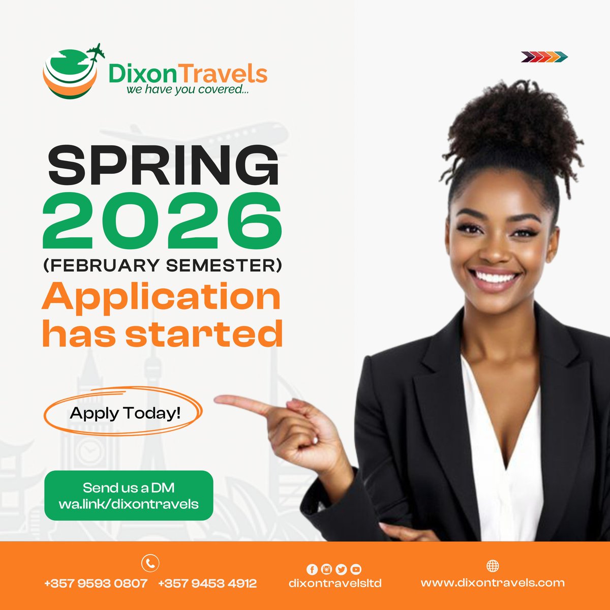 dixontravelsltd's tweet photo. Spring 2026 Semester Applications Are OPEN! πΈ
Study in Cyprus with Dixon Travel Agency π
β Stress-free processing, fast approvals.
Contact us: https://t.co/YwrJ73z1n8
#DixonTravelAgency #StudyVisa #CyprusStudyVisa #Spring2026 #StudyAbroad https://t.co/QI79lfeVsk