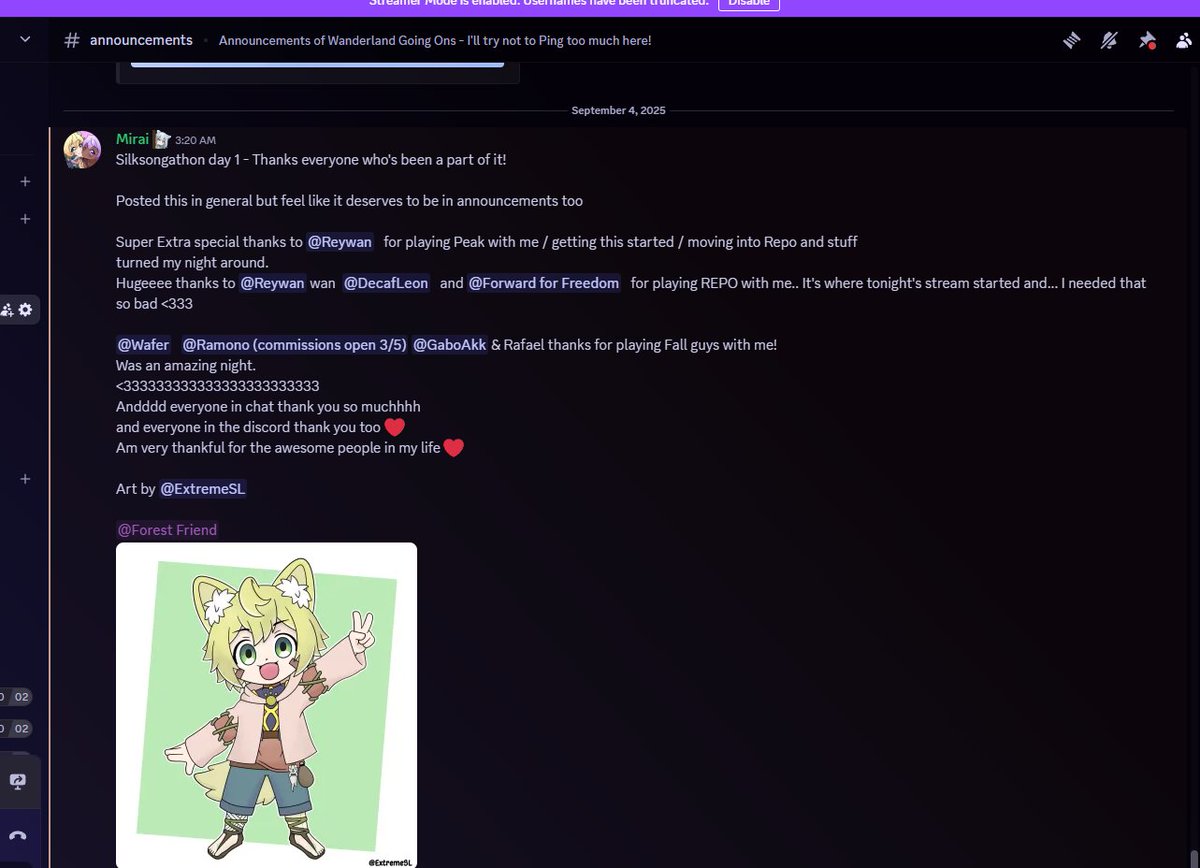 Ending day 1 of the marathon Silksongathon stream with an announcement. Am very thankful for my community.

Today was rough but.. got really happy. I love you guys and am so thankful for the wonderful people in my life 💚

🎨<a href="/ExtremeSL_/">ExtremeSL</a>