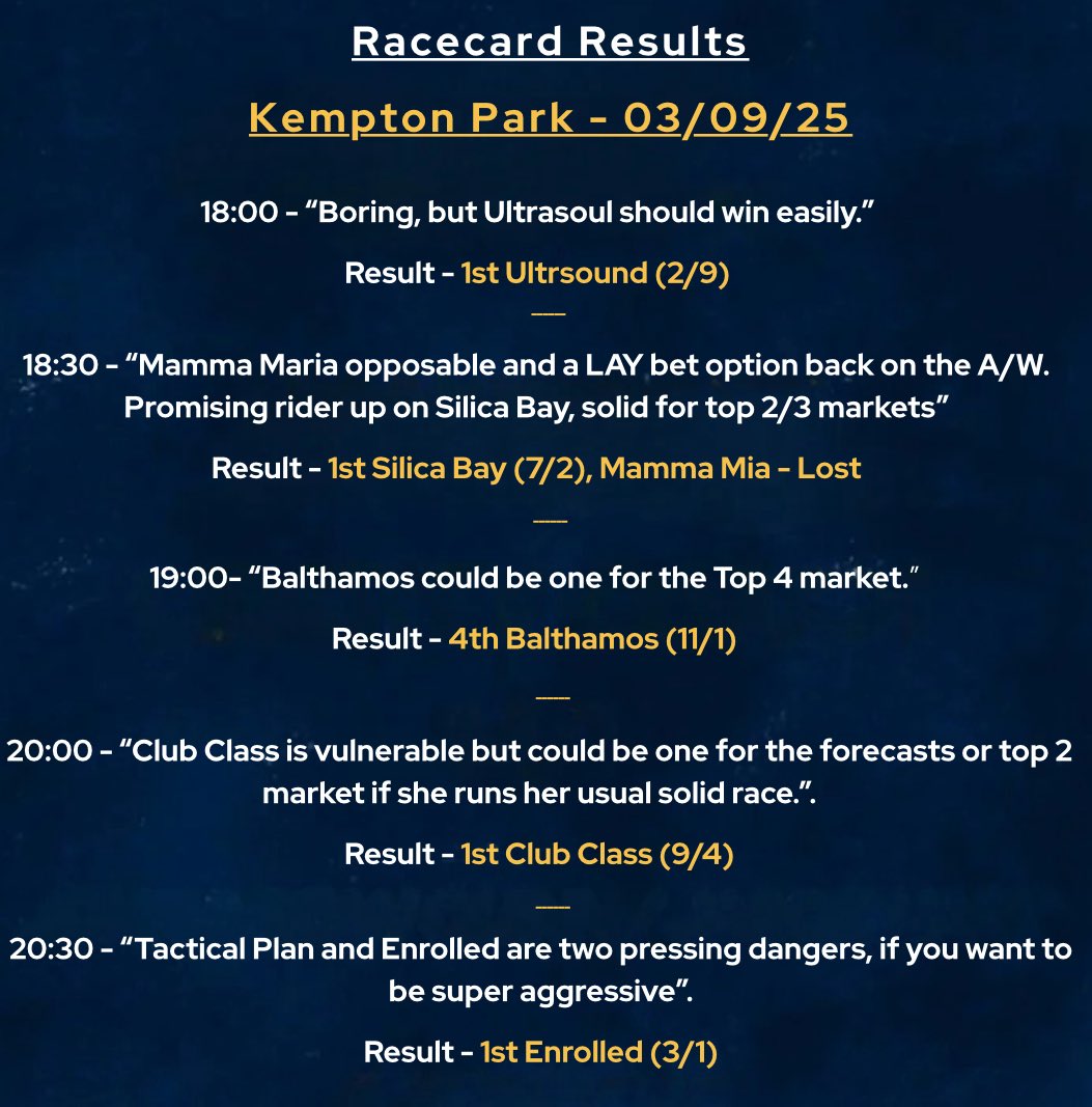 turn_foot's tweet photo. The TOF community got a free taste of our “Racecard Reviews” yesterday and they delivered at Lingfield and Kempton.

14 races analysed, we found 9 winners, 4 places and also hit a forecast.

More info on these to follow or join our free channel for future updates - https://t.co/2vEOHEv9XU