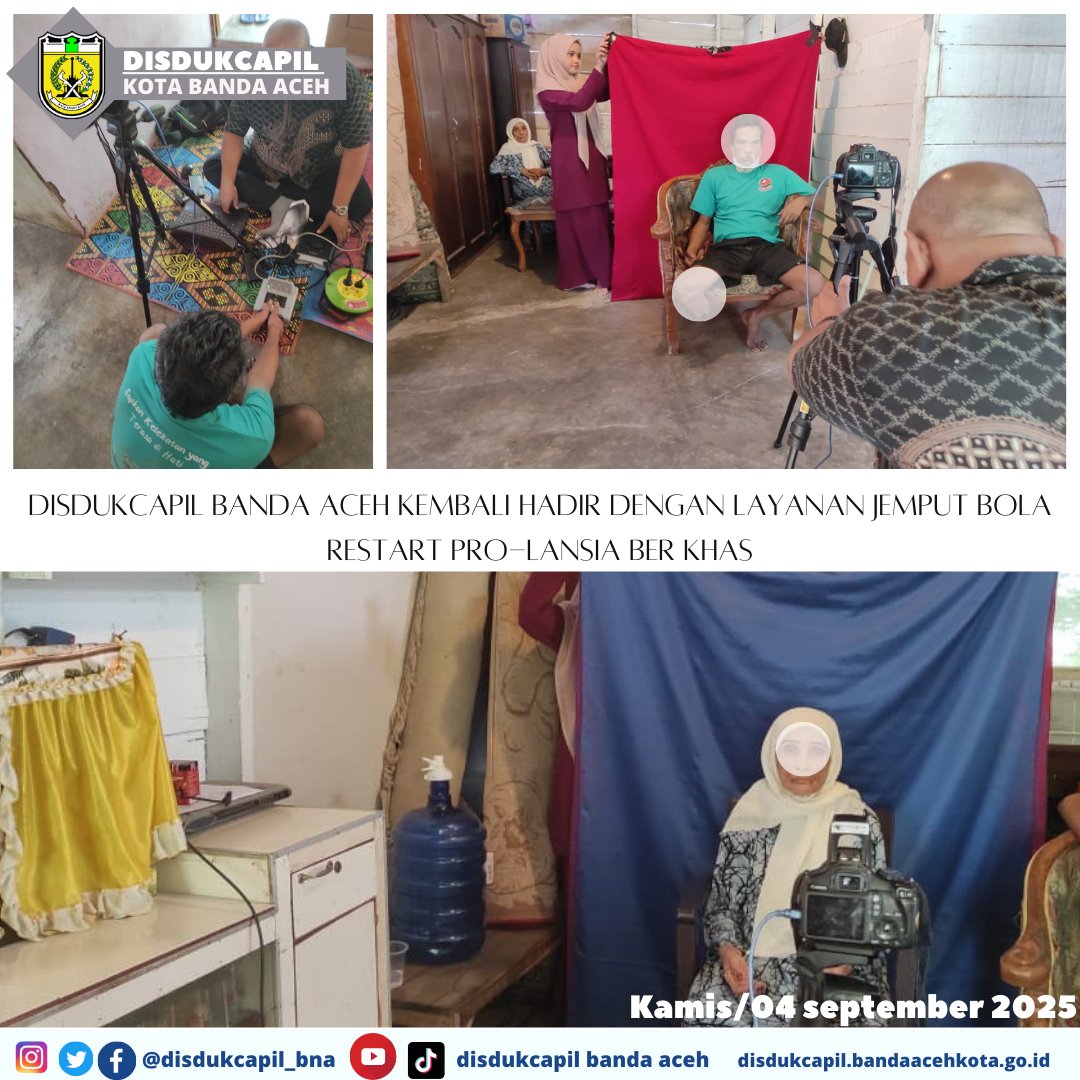 Assalamualaikum....
Hai sobat Disdukcapil

Disdukcapil Banda Aceh kembali hadir dengan layanan jemput bola RESTART PRO-LANSIA BER KHAS. Kali ini, perekaman KTP-el bagi Lansia &amp; Disabilitas dilakukan langsung di Gampong Ateuk Munjeng.