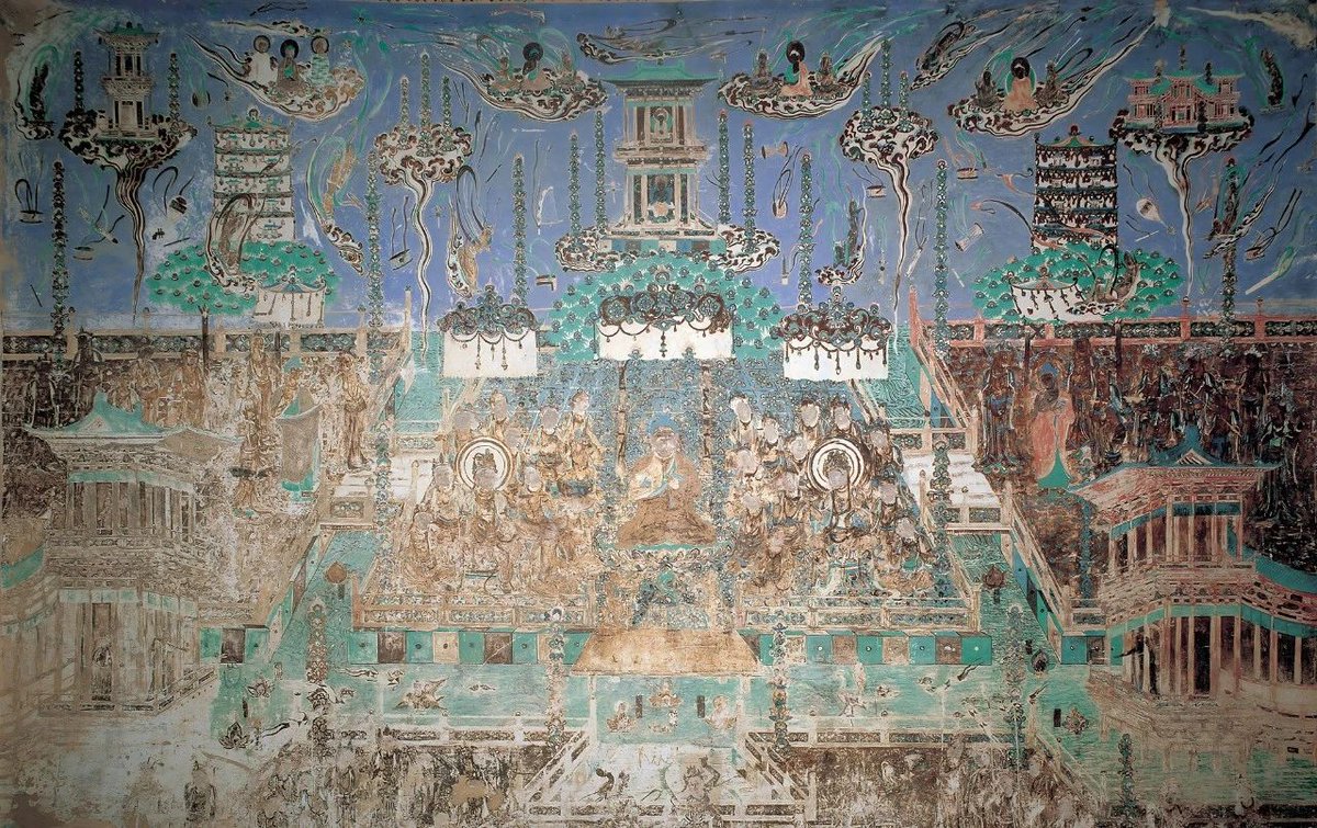 🤔Does an instrument make a sound without being struck? ✨🎨The mural of early Tang Dynasty (618-907) in Mogao Cave 321 beautifully illustrates this concept. 🎶🪘Featuring 38 heavenly musical instruments such as harps, lutes, and drums, all floating amid ribbons and flying