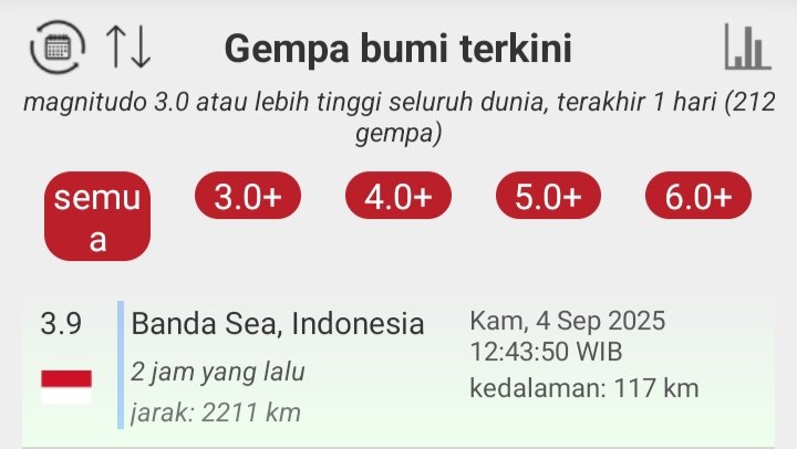 Gempa Dalam yg terjadi di wilayah Indonesia, Kamis 4 September 2025
Lihat kedalamannya👇