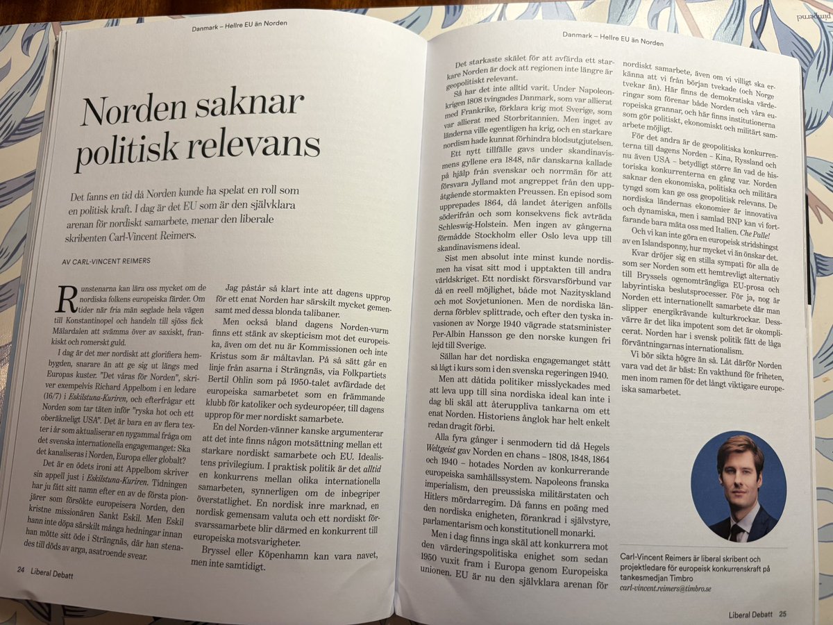 Norden saknar politisk relevans som en egen union, hävdar jag i <a href="/liberaldebatt/">Liberal Debatt</a>. Det fanns en tid när Norden kunde ha spelat en egen historisk roll. I dag är det EU som är den självklara arenan för nordiskt samarbete. 🇪🇺👇