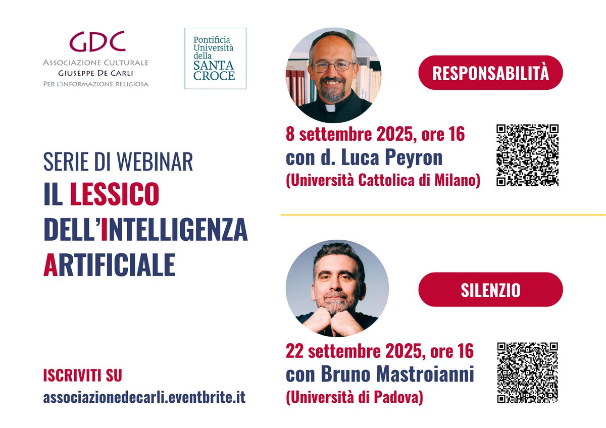 Ultimi due appuntamenti questo mese con la Serie di Webinar su "Il Lessico dell'#IA", con due parole con il botto: RESPONSABILITÀ e SILENZIO

<a href="/dlucap/">don Luchino Peyron</a> (8/09): eventbrite.it/e/biglietti-re…

<a href="/brunomastro/">Bruno Mastroianni</a> (22/09): eventbrite.it/e/biglietti-si…

Vi aspettiamo!