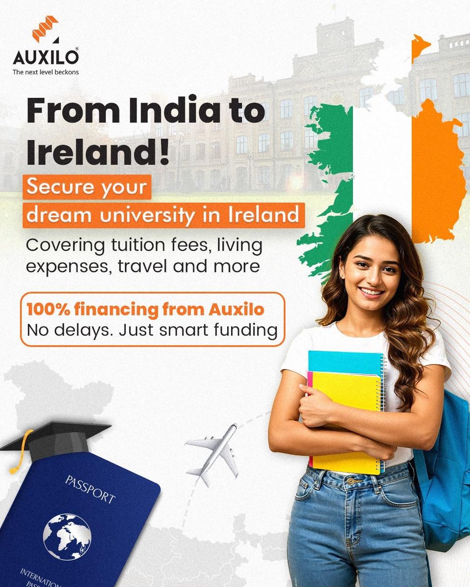 AuxiloFinserve's tweet photo. No financial borders, just endless opportunities. Auxilo makes your journey from India to Ireland stress-free and fully funded. 🌍📚
#OverseasEducationLoan #auxilo #auxilofinserve #educationloan https://t.co/bMPzB6o94Z