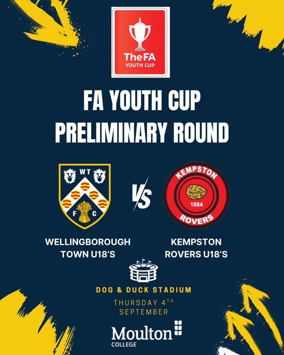 🚨TONIGHT 🚨

FA Youth Cup – Preliminary Round 🏆

Wellingborough Town U18s 🆚 <a href="/KempstonRovers/">AFC Kempston Rovers</a> 

📍 Dog &amp; Duck Stadium
🕢 7:45pm KO

Come support the lads under the lights as we kick off our Youth Cup journey! 💪⚽
Best of luck to all our scholars involved! 🔵🟡
#FAYouthCup