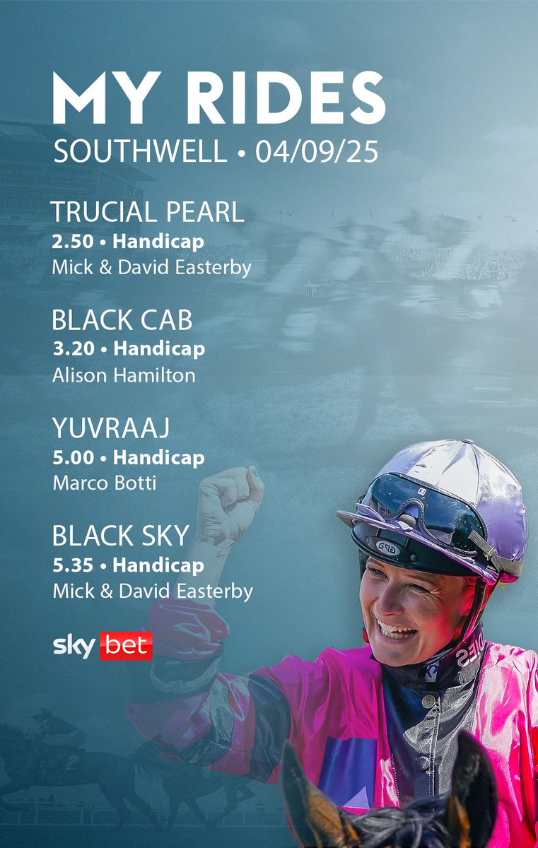 At <a href="/Southwell_Races/">Southwell Racecourse</a> today with 4 rides. Good luck to connections 🤞🏻
<a href="/SkyBet/">Sky Bet</a> #fingerscrossed