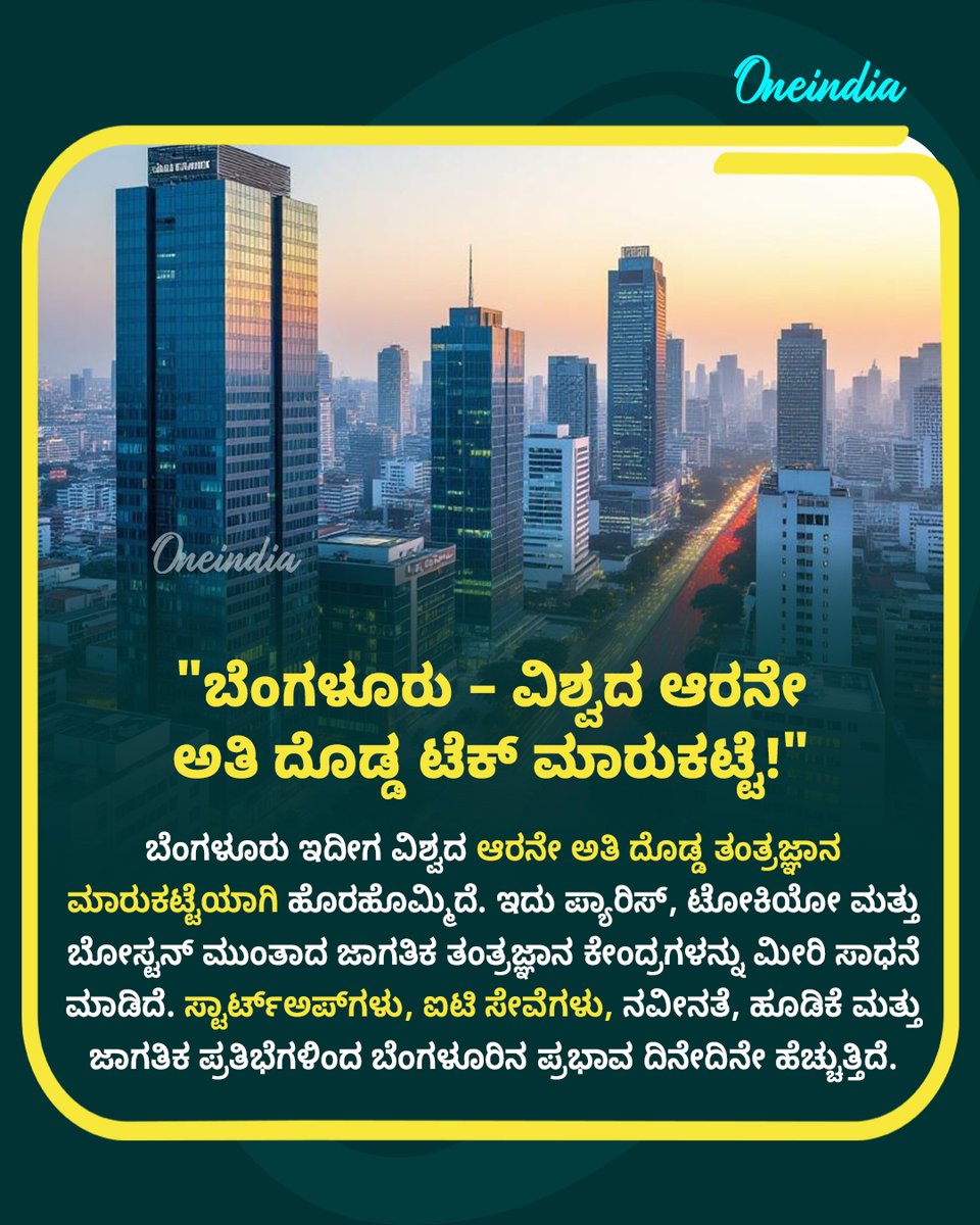 OneindiaKannada's tweet image. ಬೆಂಗಳೂರು ವಿಶ್ವದ 6ನೇ ಅತಿದೊಡ್ಡ ಟೆಕ್ ಮಾರುಕಟ್ಟೆ: ಪ್ಯಾರಿಸ್, ಟೋಕಿಯೊವನ್ನು ಮೀರಿಸಿದ ಸಾಧನೆ! 

#BengaluruTech #GlobalTechHub #StartupCapital #ITIndustry #Innovation #NewsUpdate #OIKannada #Oneindia