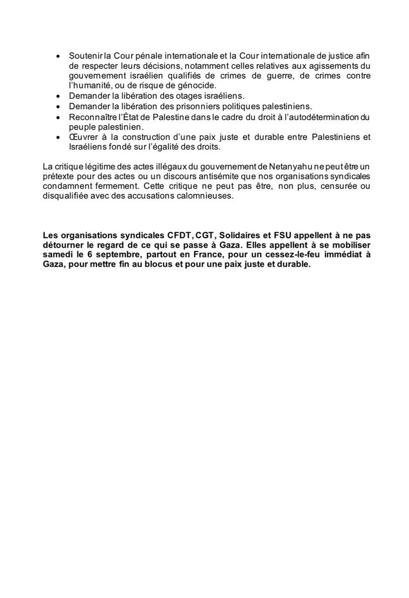 lacgtcommunique's tweet image. Gaza subit depuis près de 700 jours une guerre sans merci qui a causé plus de 62 000 morts et 150 000 blessés.

La CGT, CFDT, Solidaires et la FSU appellent à se mobiliser samedi 6 septembre, partout en France, pour un cessez-le-feu immédiat, la fin du blocus et pour une paix…