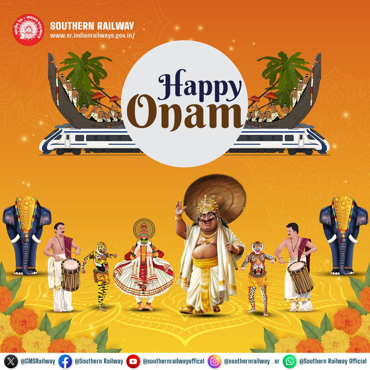 GMSRailway's tweet image. 🌸Southern Railway wishes you a joyous Onam! 🌸

May this festival of unity &amp;amp; prosperity fill your journeys with happiness, vibrant traditions &amp;amp; timeless togetherness.🚆✨

#HappyOnam #southernrailway #FestivalOfUnity #Onam2025