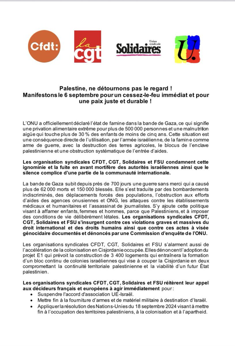 lacgtcommunique's tweet image. Gaza subit depuis près de 700 jours une guerre sans merci qui a causé plus de 62 000 morts et 150 000 blessés.

La CGT, CFDT, Solidaires et la FSU appellent à se mobiliser samedi 6 septembre, partout en France, pour un cessez-le-feu immédiat, la fin du blocus et pour une paix…