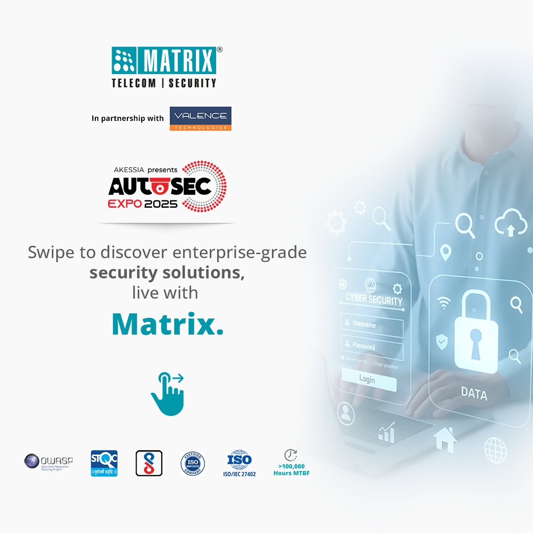 Matrix_Comsec's tweet image. Matrix x Valence Technology at #AutoSec2025, Kerala. 

Discover our Video Surveillance, Access Control &amp;amp; Time-Attendance solutions for smarter, safer workplaces.
 
Register here:  matrixcomsec.com/autosec-expo/

#PhysicalSecurity #AccessControl #TimeAttendance #MatrixComsec