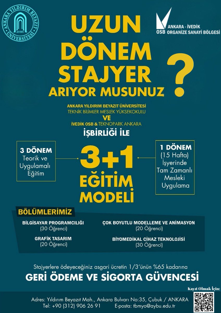 🤝 İvedik OSB &amp; AYBÜ Teknik Bilimler MYO iş birliğiyle, 3+1 modeliyle nitelikli profesyoneller yetiştiriyoruz.

🎓 2025 Güz &amp; 2026 Bahar’da staj yapacak bölümler:
Bilgisayar, Animasyon, Biyomedikal, Grafik, Uçak Teknolojisi

🔗 staj.ivedikosb.org.tr
