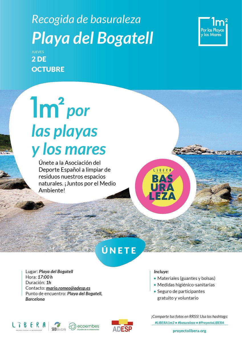 depespana's tweet image. Únete al #DeporteEspañol y a #ADESP en la campaña #LIBERA1m2 por las Playas y Mares. ¡Tienes hasta el 15 de septiembre para sumarte con tu punto de recogida!

Regístralo aquí: proyectolibera.org/proximos-event…

#ProyectoLIBERA #GreenSportFlag @ecoembes   @SEO_BirdLife  @depespana